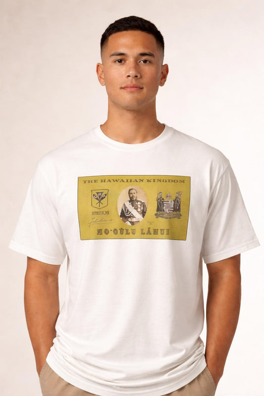 Close-up of the model wearing King Kalakaua Kanaka Kala Tshirt