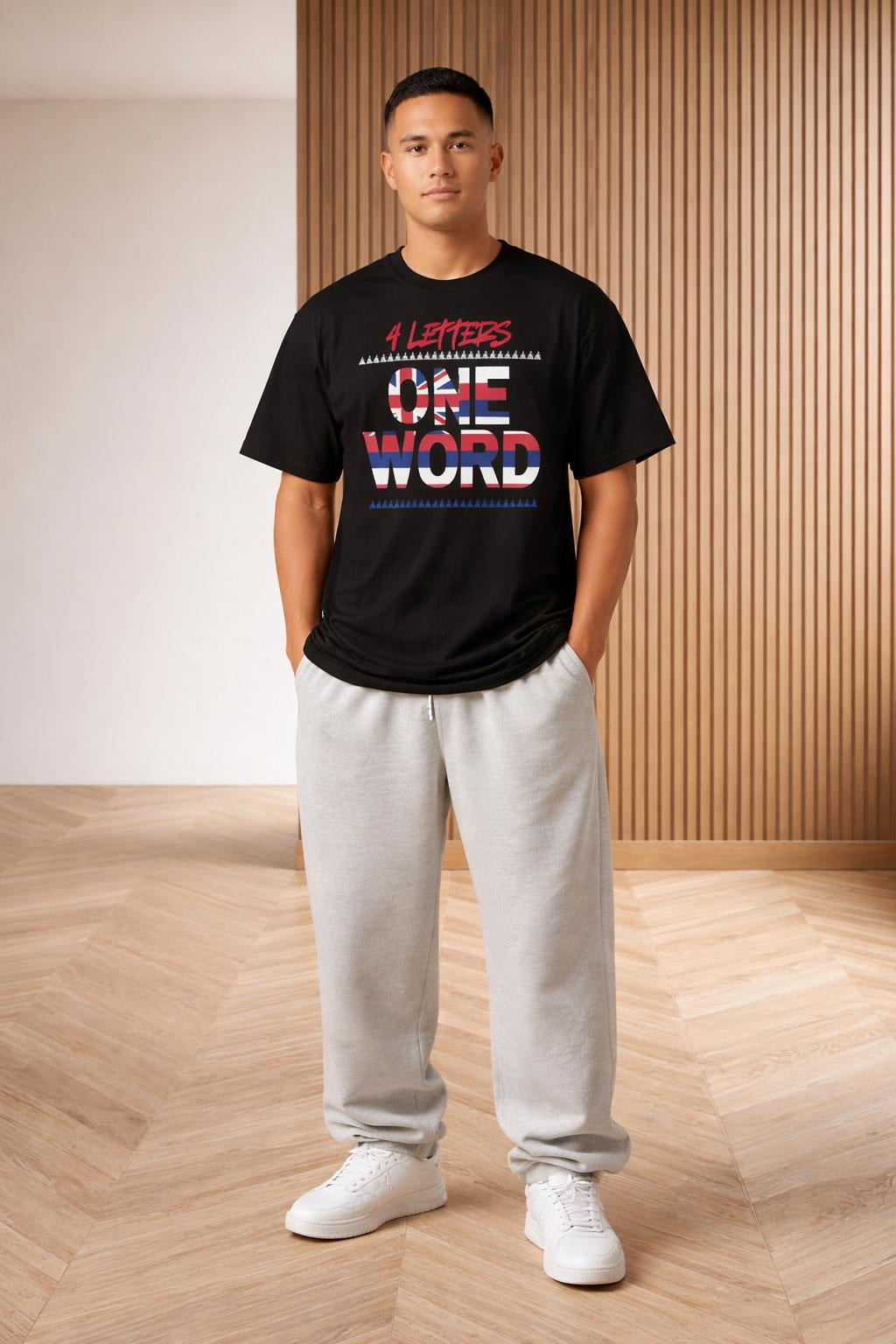 Full body view of the model wearing 4 Letters One Word (WWE Collection)
