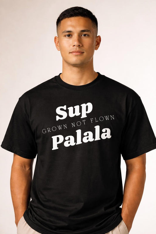 Close-up of the model wearing Sup Palala TShirt