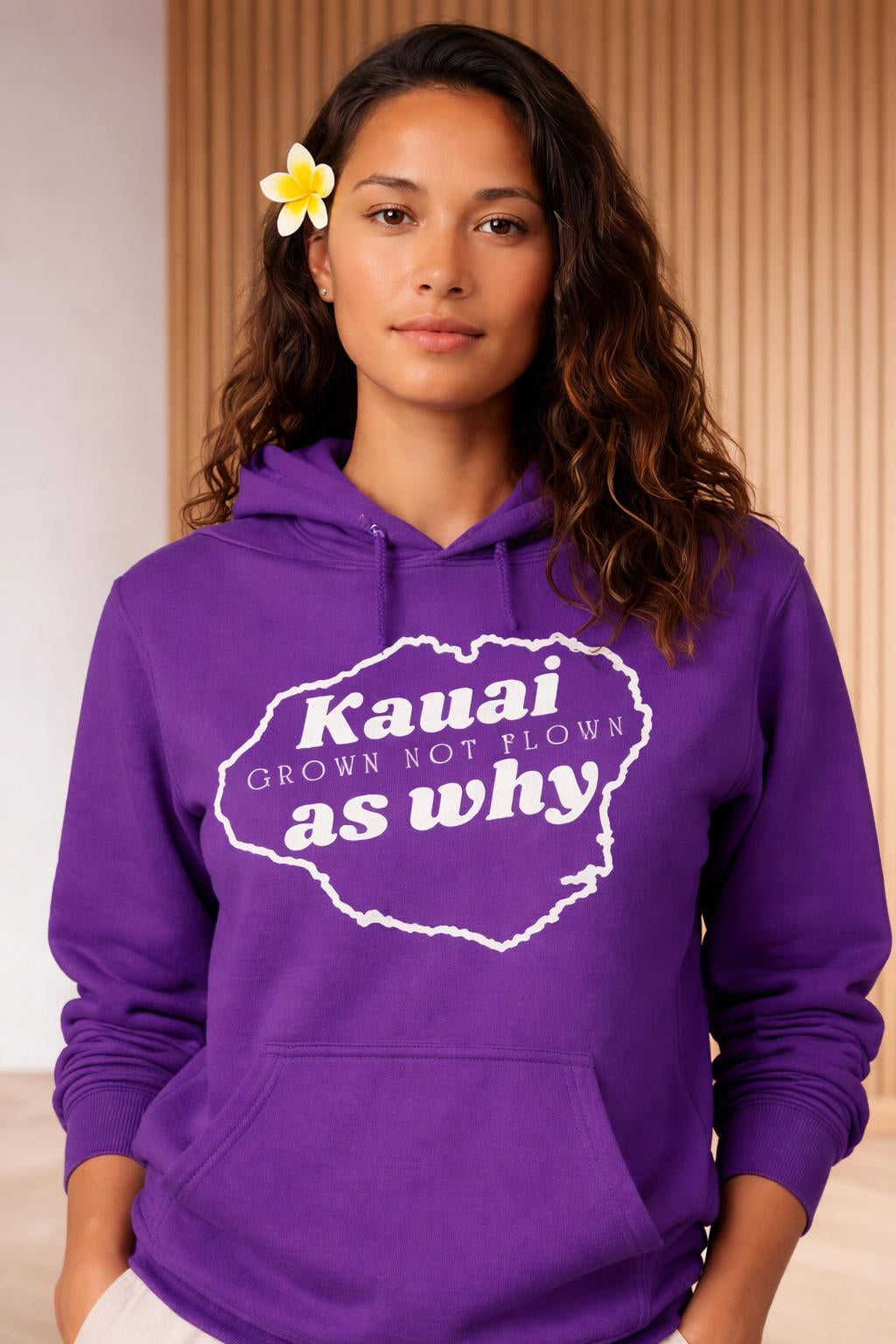 Close-up of the model wearing Kauai As Why Hoodie