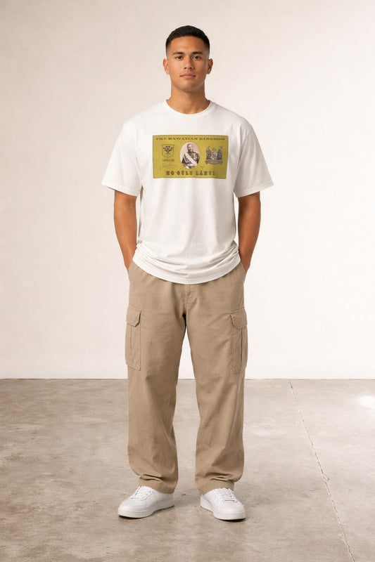 Full body view of the model wearing King Kalakaua Kanaka Kala Tshirt