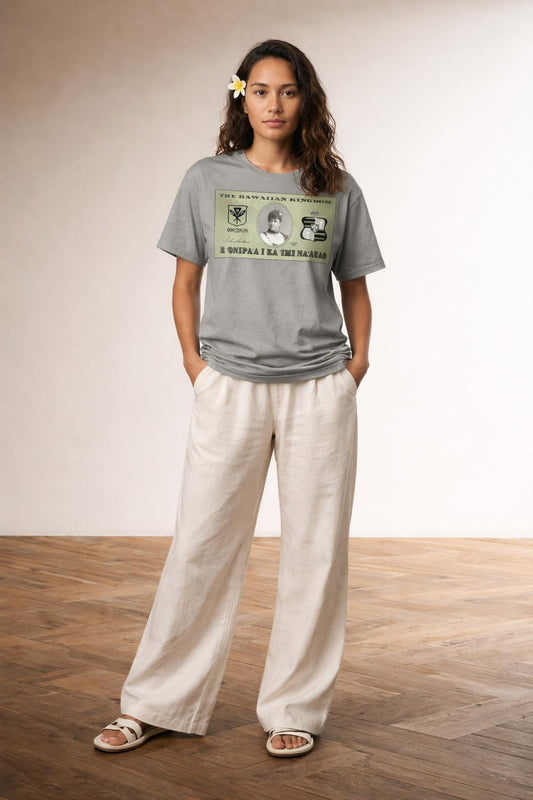Full body view of the model wearing Queen Liliuokalani Kanaka Kala Tshirt