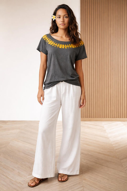 Full body view of the model wearing Puakenikeni Lei Scoop Neck Women's Top