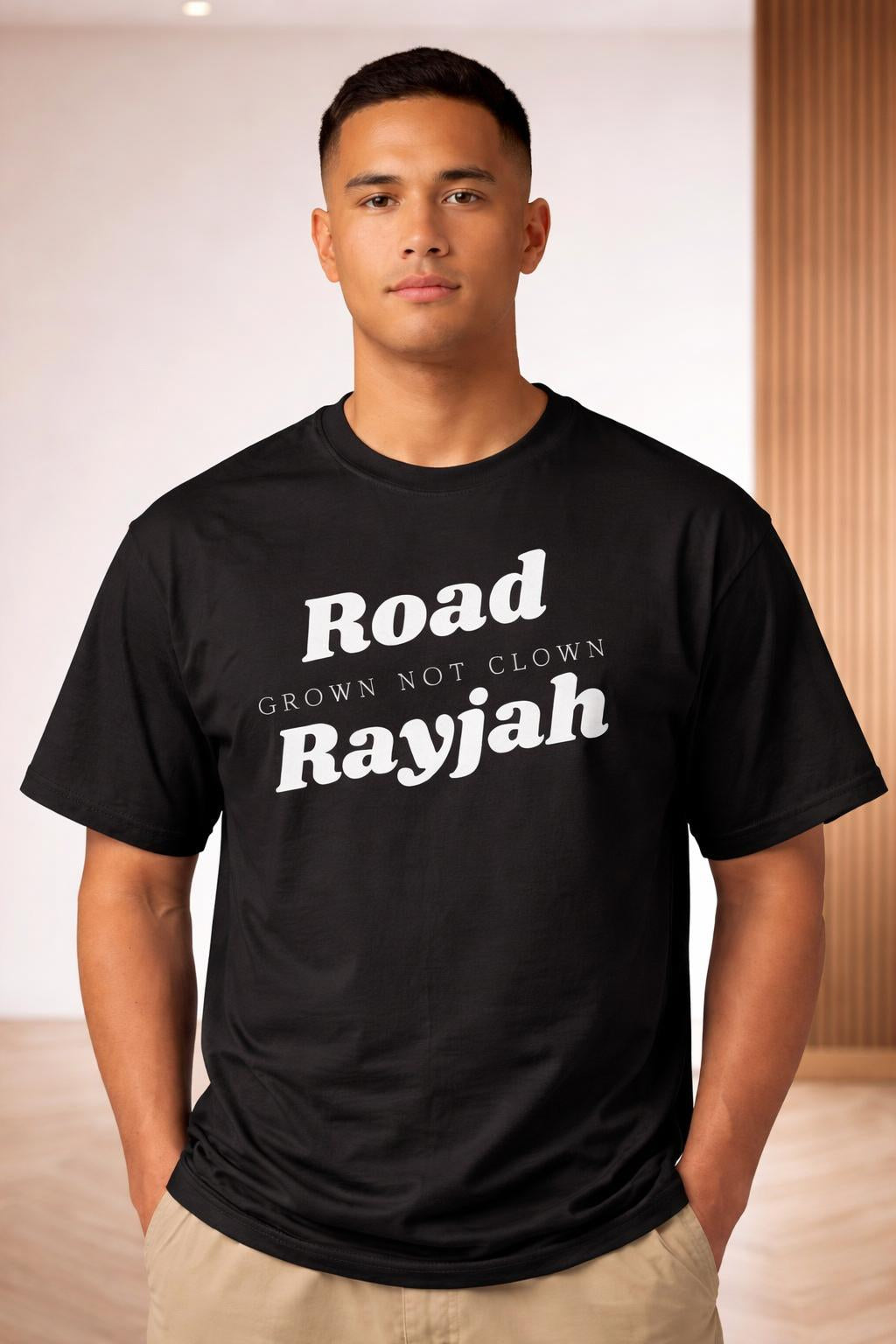 Close-up of the model wearing Road Rayjah T-Shirt