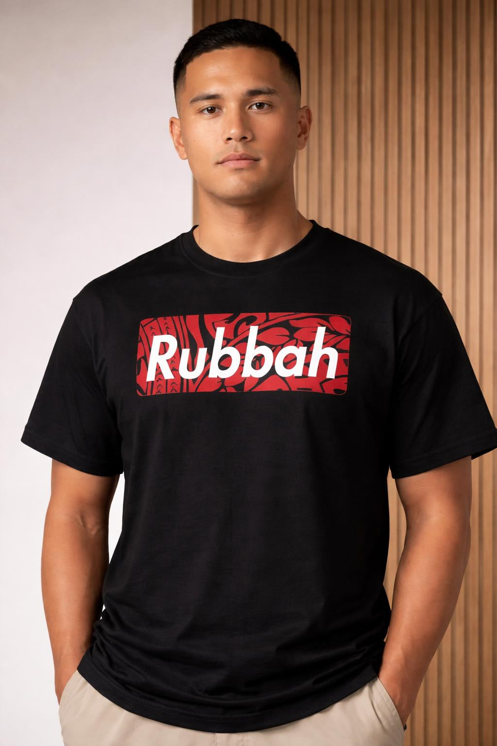 Close-up of the model wearing Rubbah T-Shirt