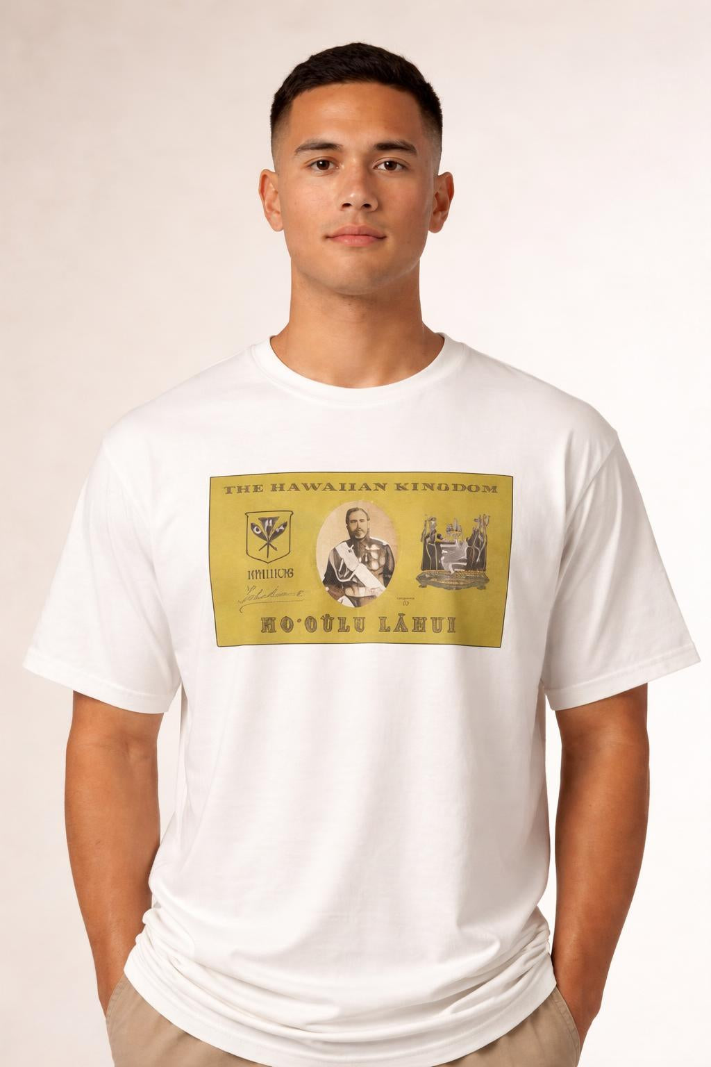 Close-up of the model wearing King Kalakaua Kanaka Kala Tshirt