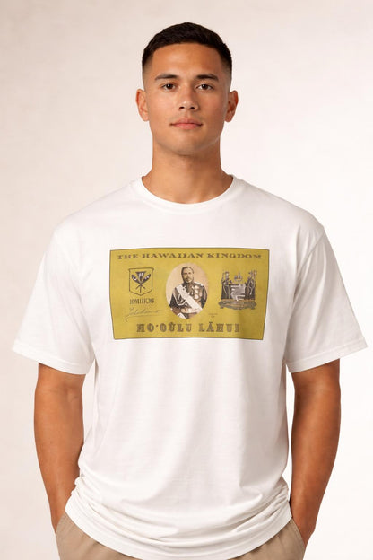 Close-up of the model wearing King Kalakaua Kanaka Kala Tshirt