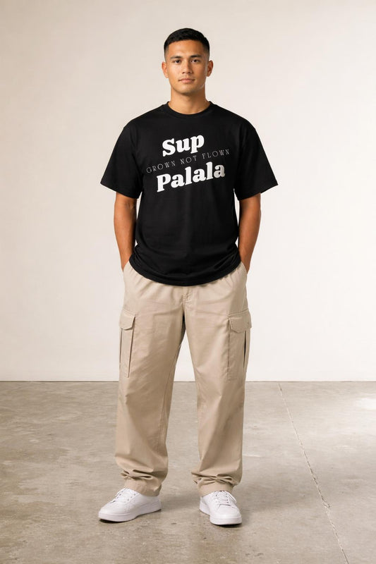 Full body view of the model wearing Sup Palala TShirt