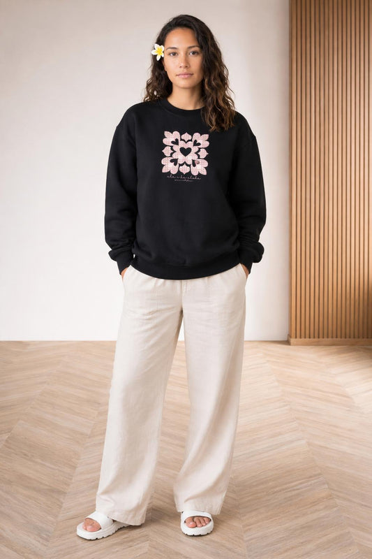 Full body view of the model wearing Ulu I Ke Aloha Crewneck Sweater
